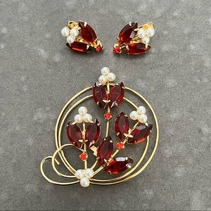 Vintage Gold, Pearl, Red Gemstone Pin and Earring Set